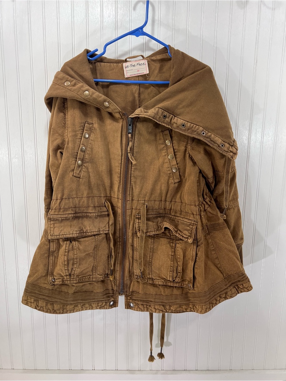 We The Free Free People Hooded Utility Jacket Brown Linen Cotton Parka Coat XS